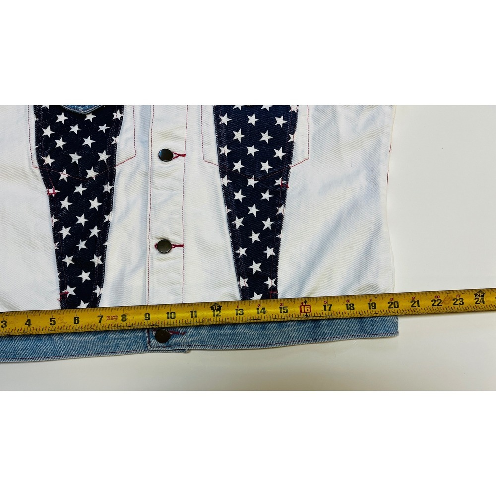 Fuse Paris M Denim Bomber Jacket USA Flag‎ Stars Stripes Trucker Moto VTG Unisex - Picture 10 of 15